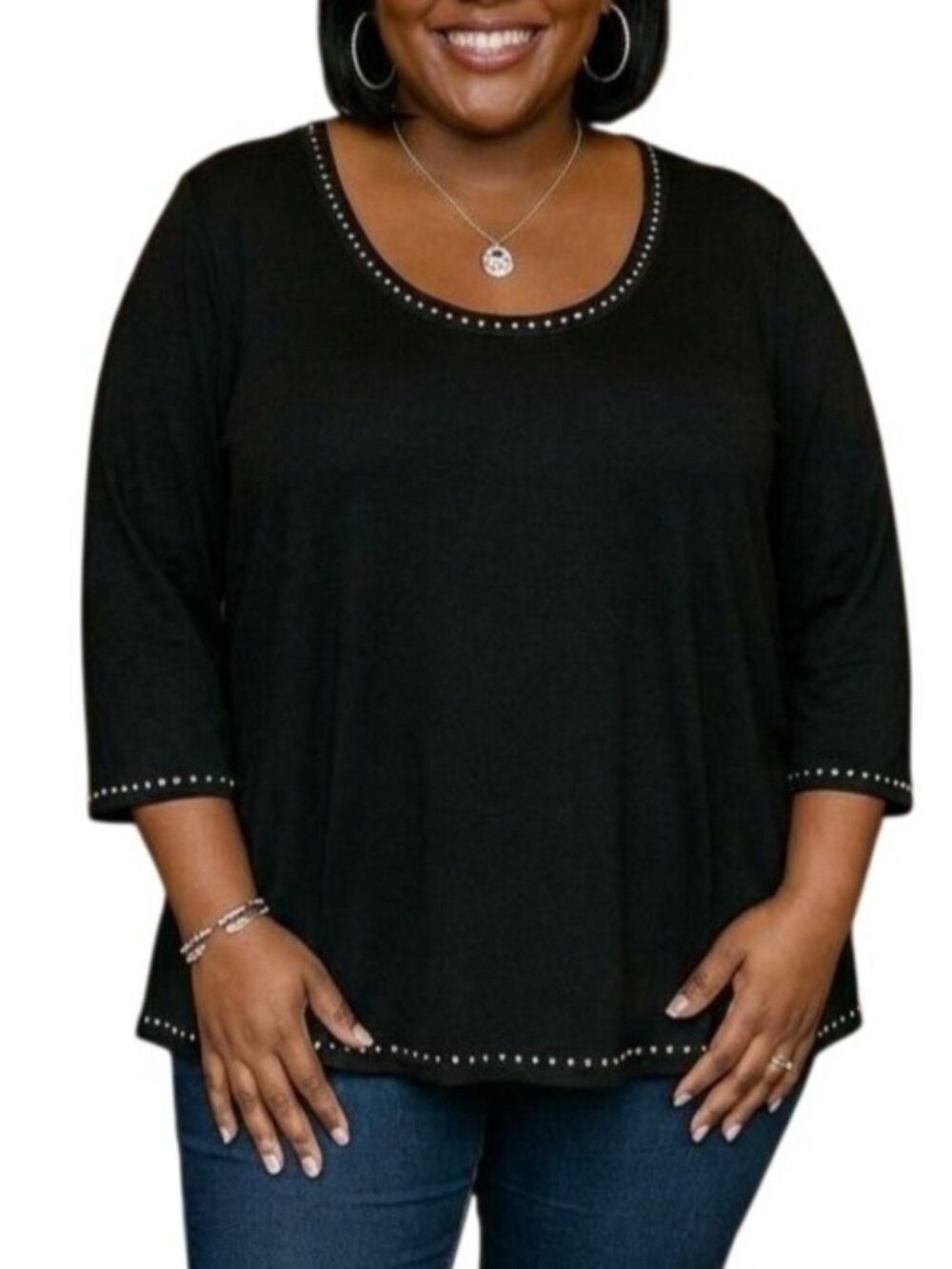 Premise Studio Size 0X Top Studded Scoop Neckline Hem & 3/4 Sleeves Black